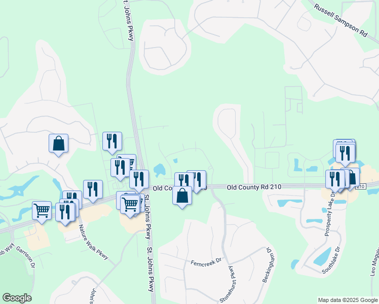 map of restaurants, bars, coffee shops, grocery stores, and more near 305 Tara Glenn Lane in Jacksonville