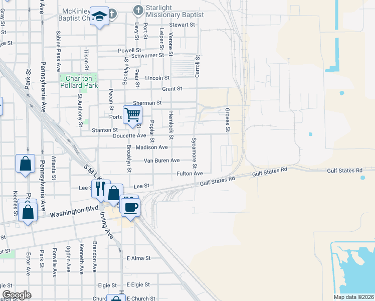 map of restaurants, bars, coffee shops, grocery stores, and more near 1499 Madison Avenue in Beaumont
