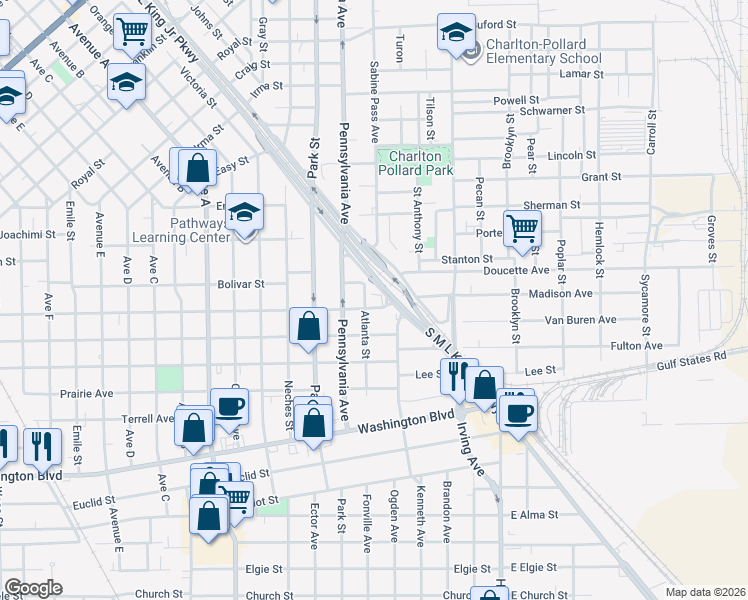 map of restaurants, bars, coffee shops, grocery stores, and more near 2410 Atlanta Street in Beaumont