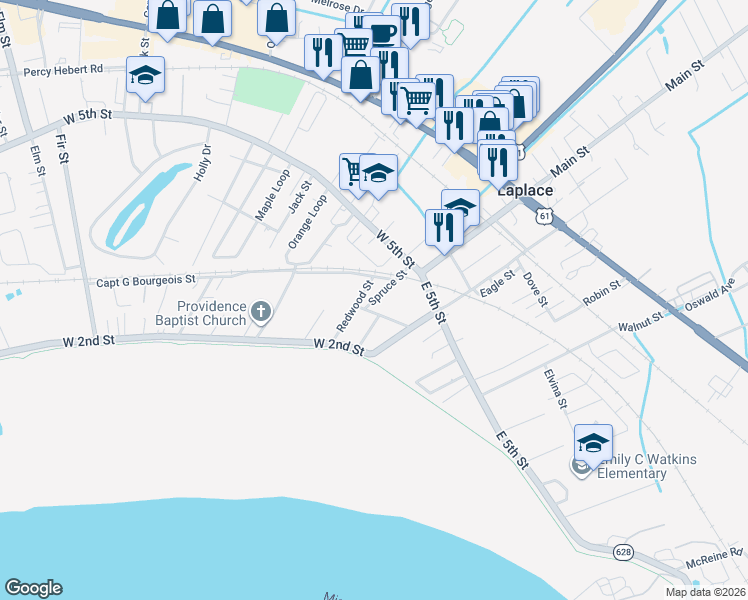 map of restaurants, bars, coffee shops, grocery stores, and more near 228 Spruce Street in LaPlace