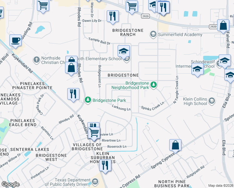 map of restaurants, bars, coffee shops, grocery stores, and more near 4802 Branchberry Lane in Spring