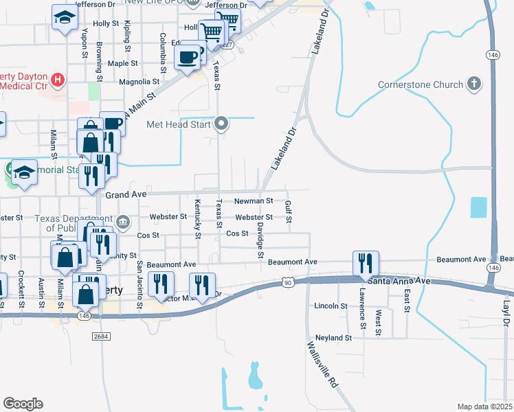 map of restaurants, bars, coffee shops, grocery stores, and more near 2660 Grand Avenue in Liberty