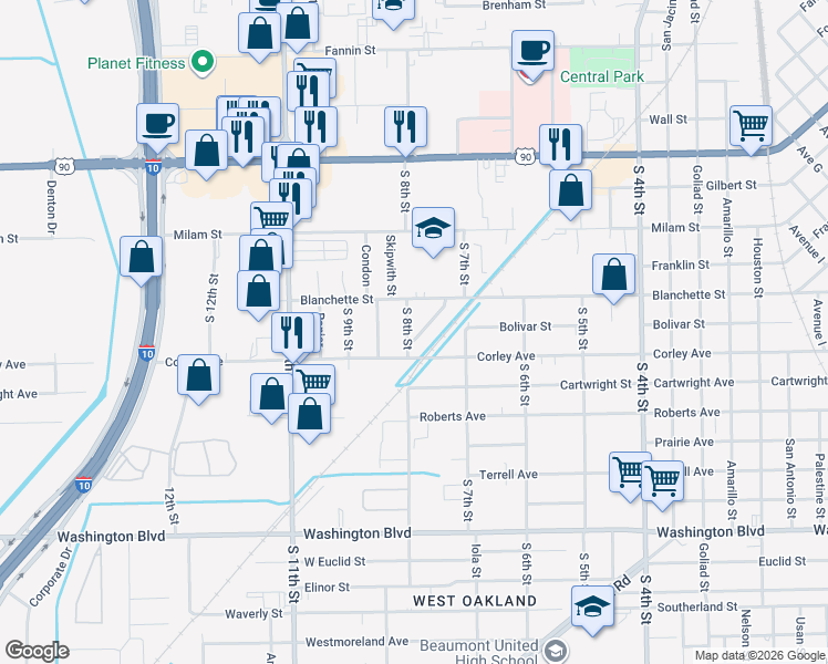 map of restaurants, bars, coffee shops, grocery stores, and more near 2450 Clearview Street in Beaumont