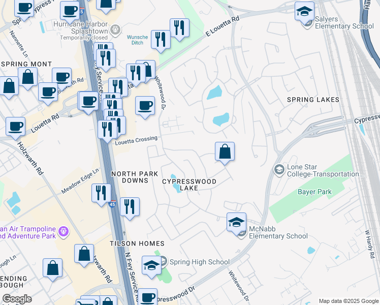 map of restaurants, bars, coffee shops, grocery stores, and more near 719 Cypresswood Ridge in Spring