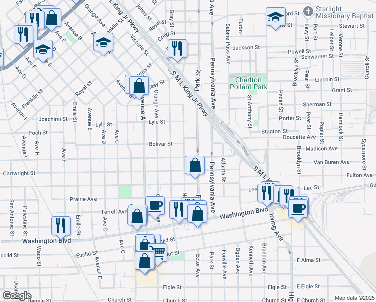 map of restaurants, bars, coffee shops, grocery stores, and more near 2435 Neches Street in Beaumont
