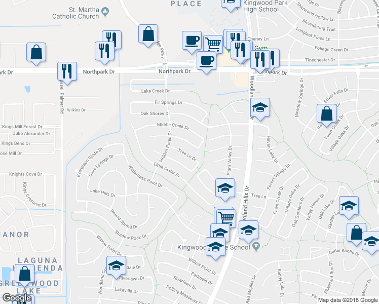 map of restaurants, bars, coffee shops, grocery stores, and more near 2135 Tree Lane in Humble