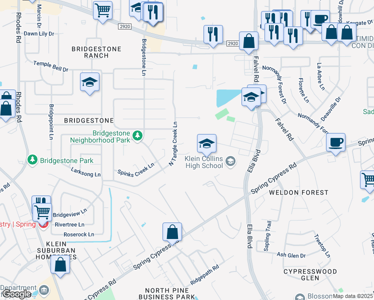 map of restaurants, bars, coffee shops, grocery stores, and more near 4110 Bridgeland Lane in Spring