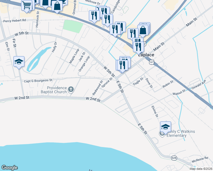map of restaurants, bars, coffee shops, grocery stores, and more near 228 Spruce Street in LaPlace