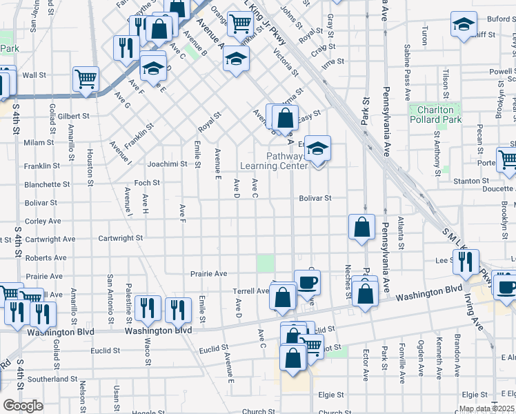 map of restaurants, bars, coffee shops, grocery stores, and more near 2398 Avenue C in Beaumont