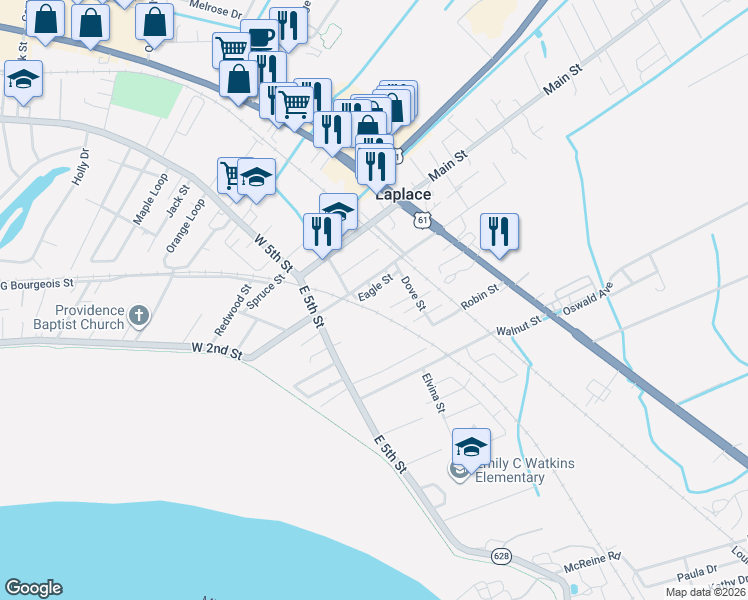 map of restaurants, bars, coffee shops, grocery stores, and more near 609 Eagle Street in LaPlace