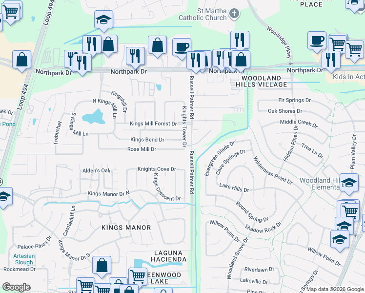 map of restaurants, bars, coffee shops, grocery stores, and more near 26133 Knights Tower Drive in Humble