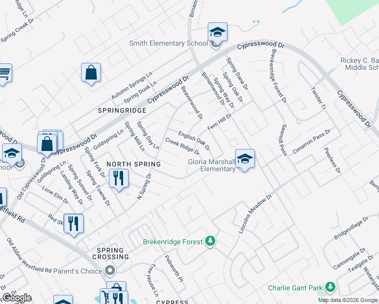 map of restaurants, bars, coffee shops, grocery stores, and more near 23834 Creek Ridge Drive in Spring