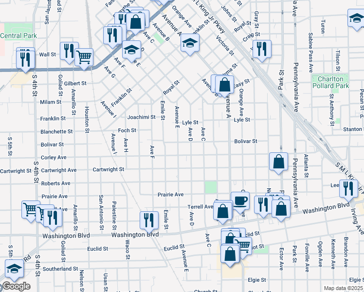 map of restaurants, bars, coffee shops, grocery stores, and more near 1745 Bolivar Street in Beaumont
