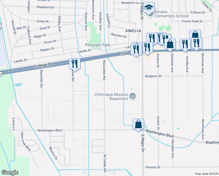 map of restaurants, bars, coffee shops, grocery stores, and more near 1309 Wescalder Road in Beaumont
