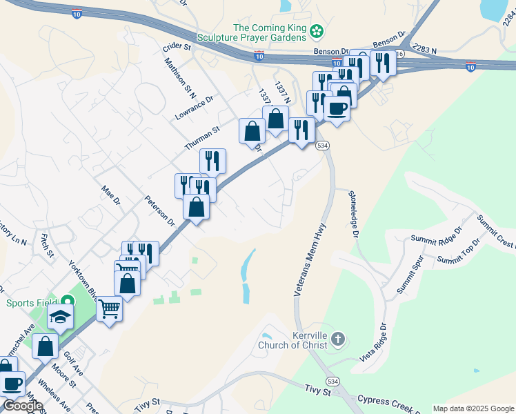 map of restaurants, bars, coffee shops, grocery stores, and more near 800 Laura Belle Drive in Kerrville