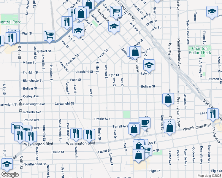 map of restaurants, bars, coffee shops, grocery stores, and more near 1745 Bolivar Street in Beaumont