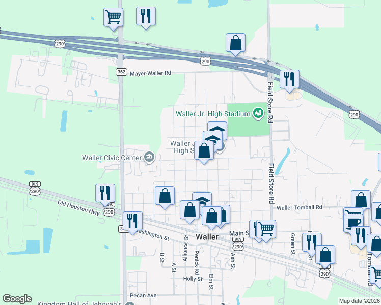 map of restaurants, bars, coffee shops, grocery stores, and more near 1819 Penick Road in Waller