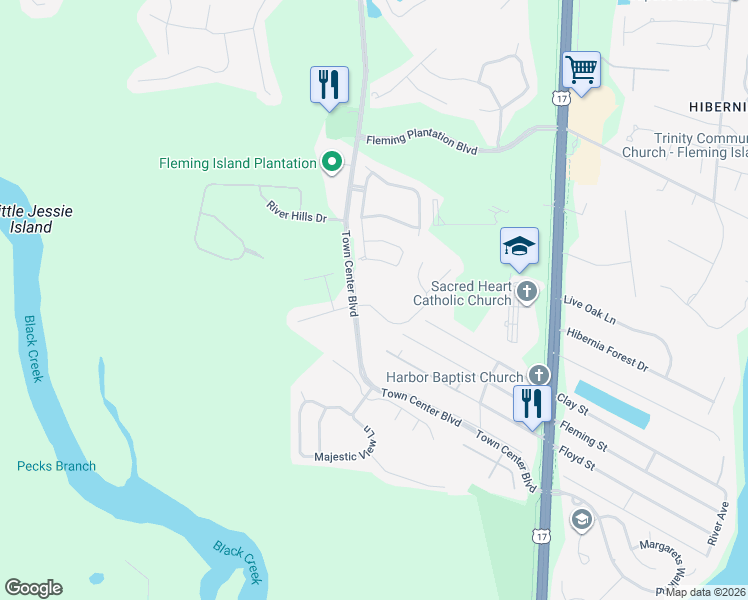 map of restaurants, bars, coffee shops, grocery stores, and more near 1790 Covington Lane in Fleming Island