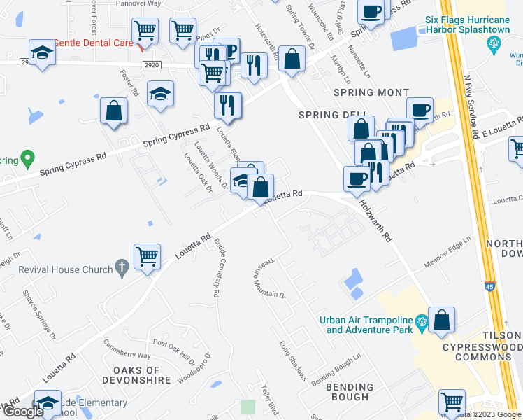 map of restaurants, bars, coffee shops, grocery stores, and more near 2021 Louetta Road in Spring