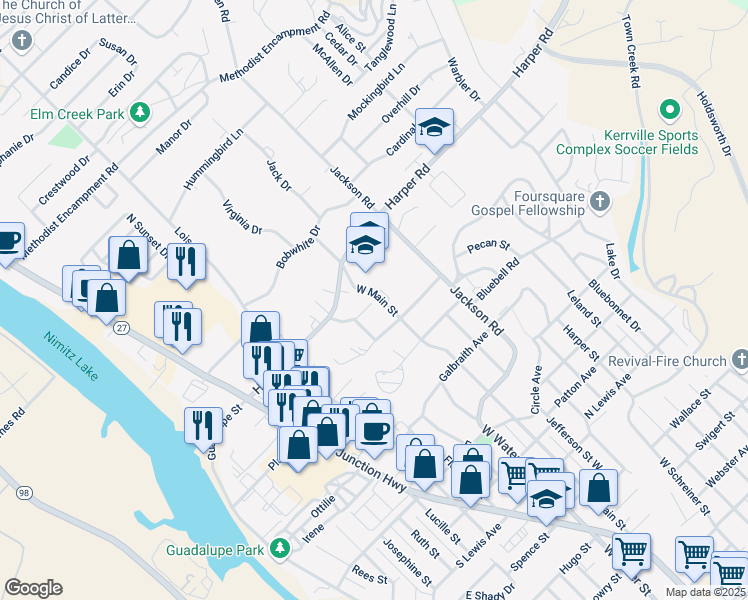 map of restaurants, bars, coffee shops, grocery stores, and more near 264 Old Oaks in Kerrville