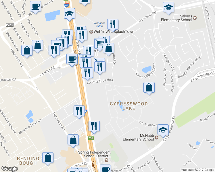 map of restaurants, bars, coffee shops, grocery stores, and more near 514 Cypresswood Knoll in Spring