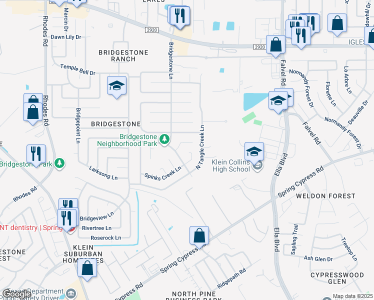 map of restaurants, bars, coffee shops, grocery stores, and more near 21542 Fir Creek Lane in Spring