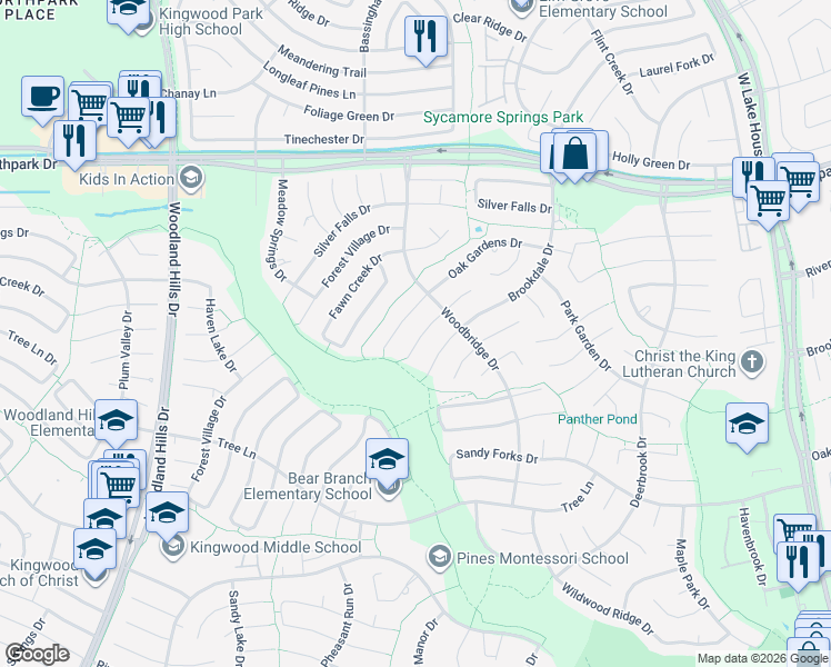 map of restaurants, bars, coffee shops, grocery stores, and more near 3907 Valley Haven Drive in Humble