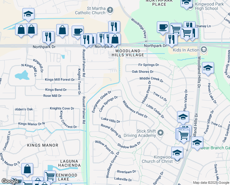 map of restaurants, bars, coffee shops, grocery stores, and more near 3606 Evergreen Glade Drive in Houston