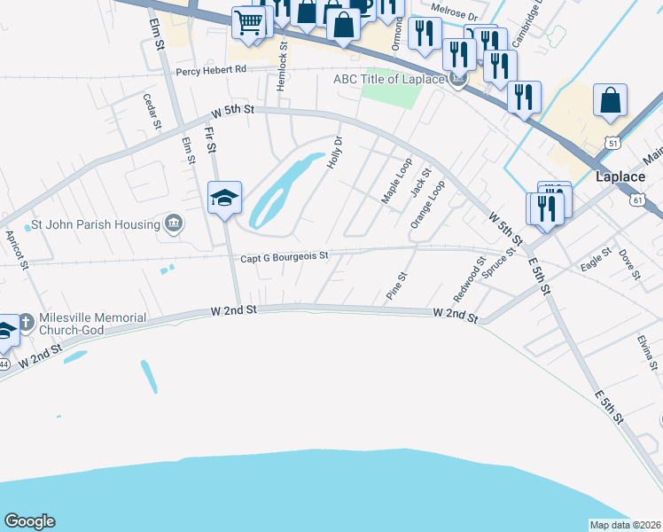 map of restaurants, bars, coffee shops, grocery stores, and more near 256 Persimmon Street in LaPlace