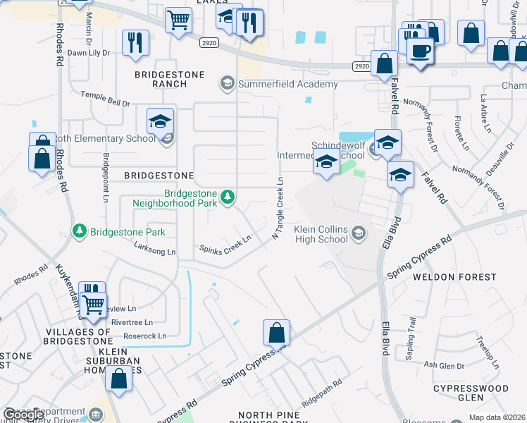 map of restaurants, bars, coffee shops, grocery stores, and more near 21542 Fir Creek Lane in Spring