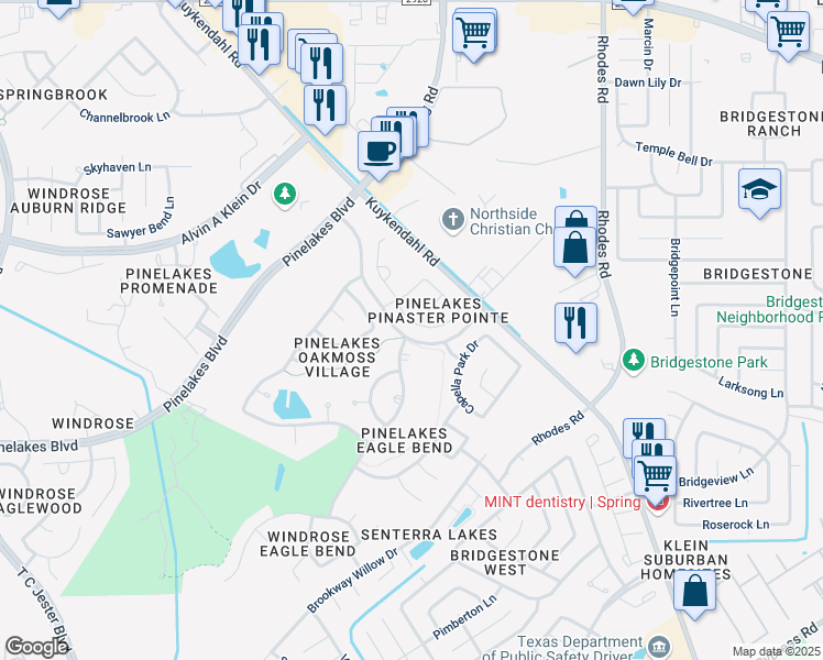 map of restaurants, bars, coffee shops, grocery stores, and more near 20255 Eden Pines in Spring