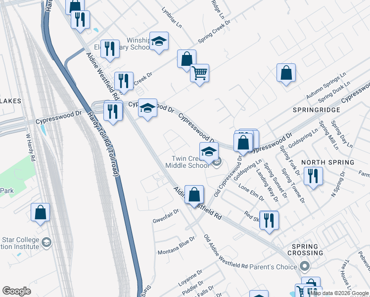 map of restaurants, bars, coffee shops, grocery stores, and more near 1922 Vale Haven Drive in Spring