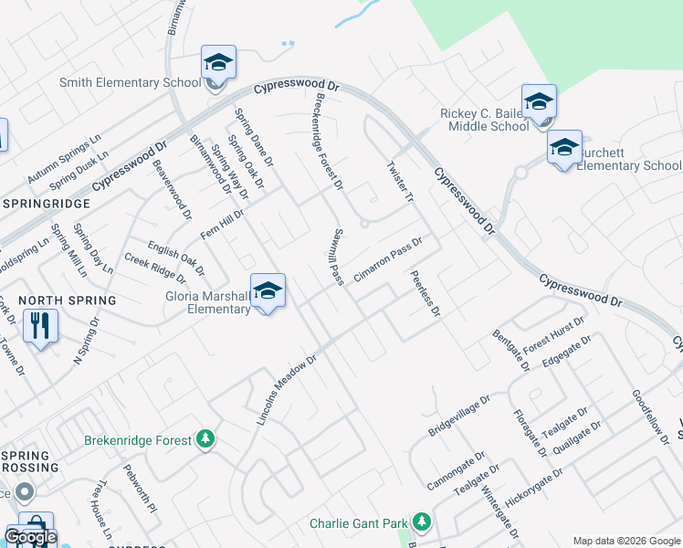 map of restaurants, bars, coffee shops, grocery stores, and more near 3002 Country Boy Ct in Spring