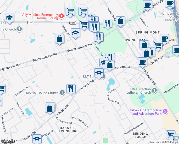 map of restaurants, bars, coffee shops, grocery stores, and more near 2223 Louetta Brook Lane in Spring