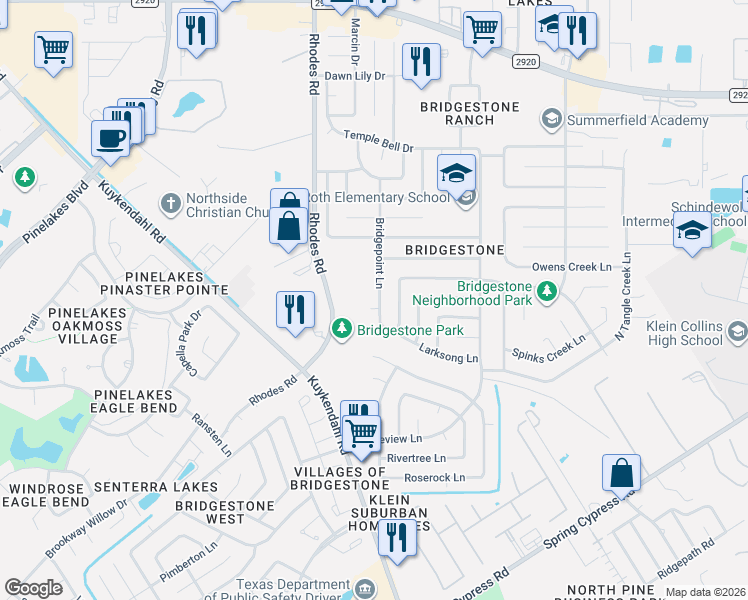 map of restaurants, bars, coffee shops, grocery stores, and more near 21323 Bridgepoint Lane in Spring