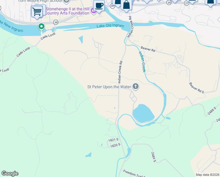 map of restaurants, bars, coffee shops, grocery stores, and more near 235 Indian Creek Road in Ingram