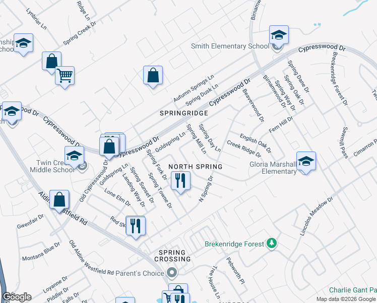 map of restaurants, bars, coffee shops, grocery stores, and more near 24119 Farm Hill Drive in Spring