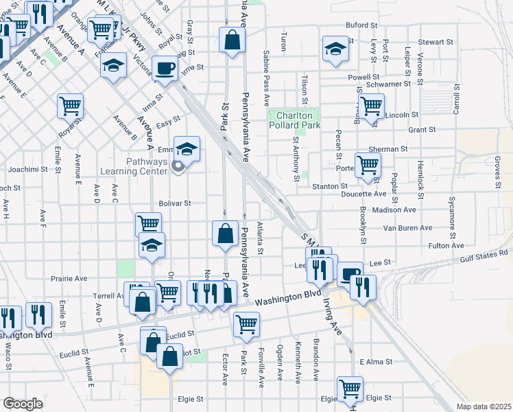 map of restaurants, bars, coffee shops, grocery stores, and more near 2410 Atlanta Street in Beaumont