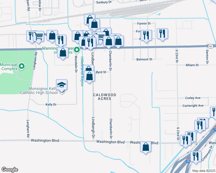 map of restaurants, bars, coffee shops, grocery stores, and more near 1220 Chamberlin Drive in Beaumont