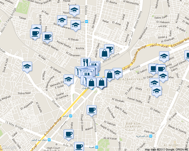 map of restaurants, bars, coffee shops, grocery stores, and more near Ramsis Square in Al Azbakeyah