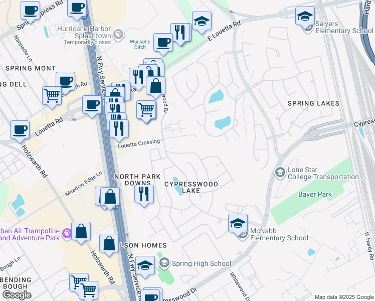 map of restaurants, bars, coffee shops, grocery stores, and more near 719 Cypresswood Ridge in Spring