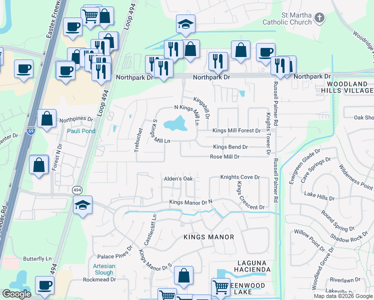 map of restaurants, bars, coffee shops, grocery stores, and more near 26108 Knights Tower Court in Montgomery County