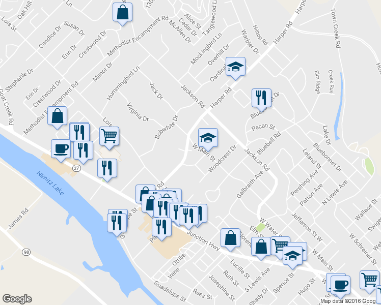 map of restaurants, bars, coffee shops, grocery stores, and more near 239 Pin Oak Way North in Kerrville