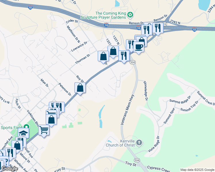 map of restaurants, bars, coffee shops, grocery stores, and more near 800 Laura Belle Drive in Kerrville