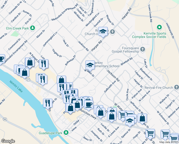 map of restaurants, bars, coffee shops, grocery stores, and more near 1030 West Main Street in Kerrville