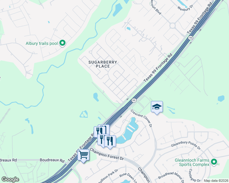 map of restaurants, bars, coffee shops, grocery stores, and more near 10223 Berrybriar Lane in Tomball