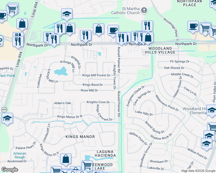 map of restaurants, bars, coffee shops, grocery stores, and more near 21598 Kings Bend Drive in Humble