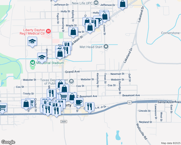 map of restaurants, bars, coffee shops, grocery stores, and more near 725 Maryland Street in Liberty