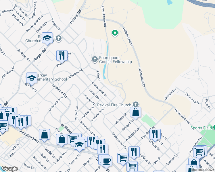 map of restaurants, bars, coffee shops, grocery stores, and more near 675 Town Creek Road in Kerrville