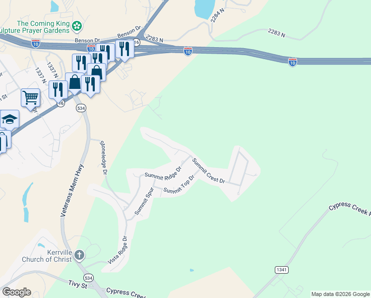 map of restaurants, bars, coffee shops, grocery stores, and more near 2109 Summit Crest Drive in Kerrville